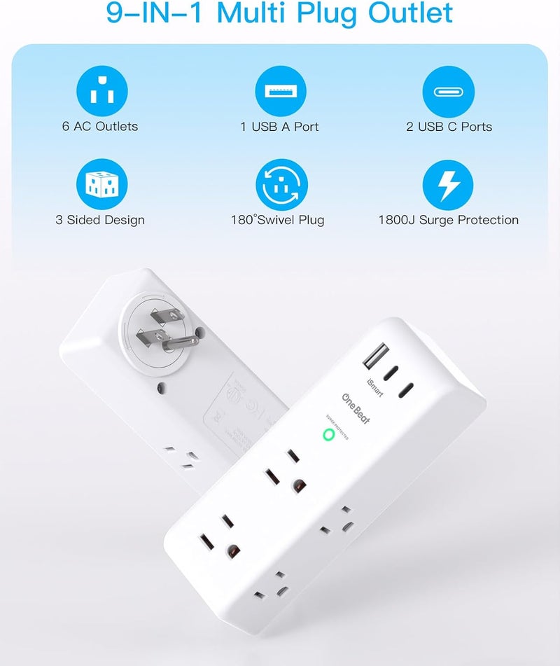 One Beat Surge Protector Outlet Extender with Rotating Plug, 6 AC Multi Plug Outlet with 3 USB Ports (2 USB C), 1800 Joules, 3-Sided Swivel Power Strip with Spaced Outlet Splitter for Home, Office, Dorm, White - Image 2